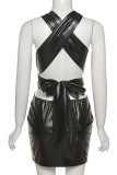 Black Sexy Solid Bandage Patchwork Asymmetrical V Neck Pencil Skirt Dresses