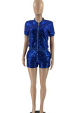 Pink Casual Solid Sequins Patchwork Zipper Short Sleeve Two Pieces