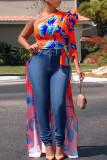 Orange Fashion Casual Print Backless Asymmetrical Oblique Collar Tops