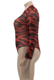 Red Fashion Sexy Print See-through Turtleneck Long Sleeves Skinny Romper