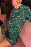 Green Sexy Print Patchwork Backless Fold Turtleneck Pencil Skirt Dresses