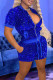 Peacock Blue Casual Solid Sequins Patchwork Zipper Short Sleeve Two Pieces