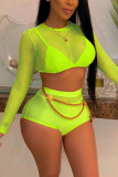Green Fashion Sexy Solid Hollowed Out See-through Backless O Neck Long Sleeve Two Pieces