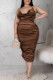 Coffee Sexy Solid Split Joint Backless Fold Halter One Step Skirt Plus Size Dresses