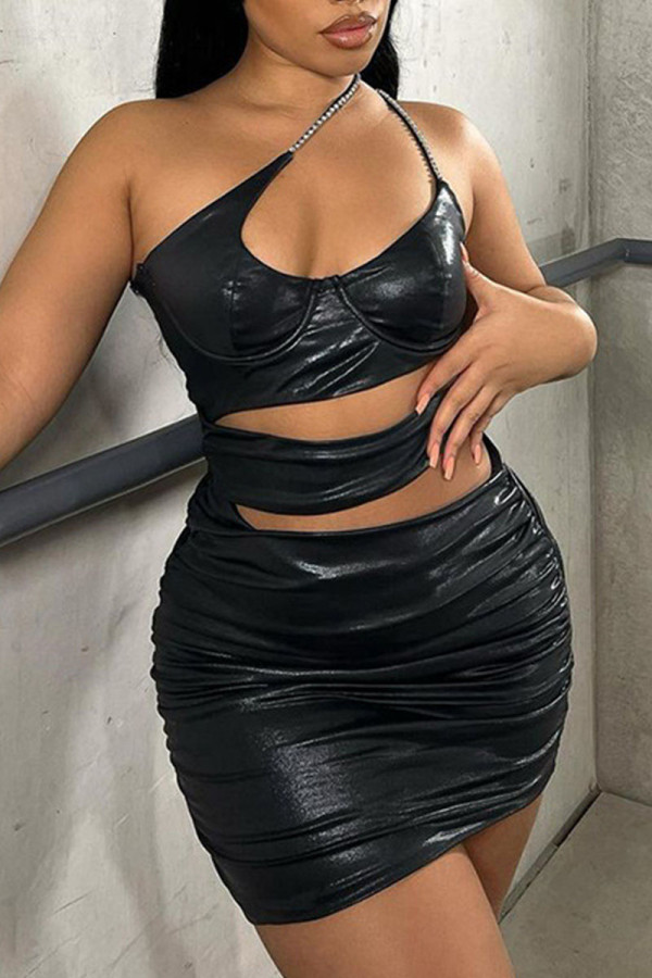 Black Sexy Solid Hollowed Out Patchwork Fold Spaghetti Strap Pencil Skirt Dresses