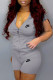 Grey Fashion Sportswear Print Patchwork Hooded Collar Short Sleeve Two Pieces