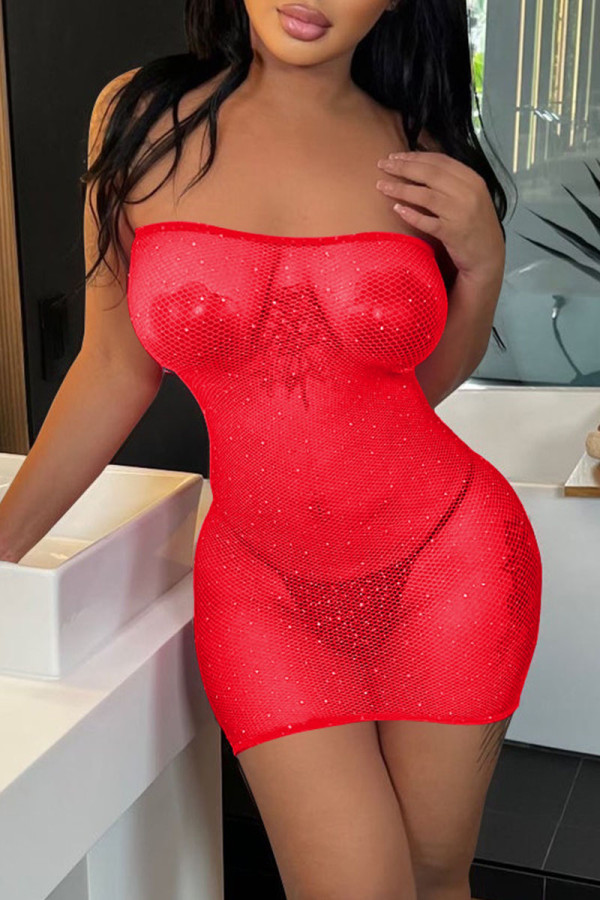 Red Sexy Solid Patchwork See-through Hot Drill Strapless One Step Skirt Dresses