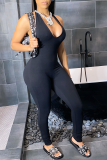 Color Blue Sexy Solid Backless Halter Skinny Jumpsuits