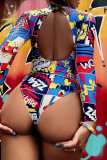 Blue Fashion Sexy Print Basic Long Sleeves Swimwears