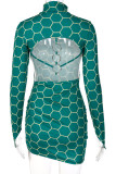 Green Sexy Print Patchwork Backless Fold Turtleneck Pencil Skirt Dresses