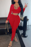 Red Fashion Casual Solid Basic O Neck Long Sleeve Two Pieces