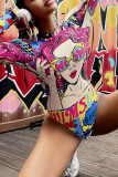 Blue Fashion Sexy Print Basic Long Sleeves Swimwears