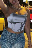 Grey Sexy Casual Solid Backless Strapless Tops