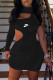 Black Fashion Street Print Ripped Turtleneck One Step Skirt Dresses