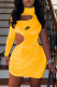 Yellow Fashion Street Print Ripped Turtleneck One Step Skirt Dresses