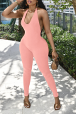 Color Blue Sexy Solid Backless Halter Skinny Jumpsuits