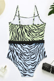 Turquoise Fashion Sexy Print Hollowed Out Patchwork Backless Swimwears