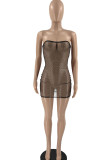 Red Sexy Solid Patchwork See-through Hot Drill Strapless One Step Skirt Dresses