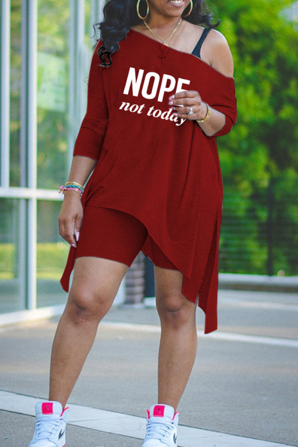 Burgundy Fashion Casual Letter Print Asymmetrical Oblique Collar Half Sleeve Two Pieces