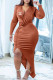Brown Fashion Casual Print Fold V Neck Irregular Dress Dresses