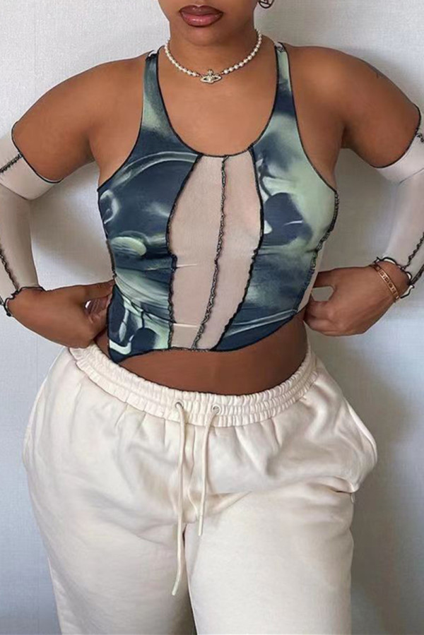 Green Sexy Casual Print Patchwork O Neck Tops