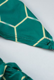 Green Sexy Print Patchwork Backless Fold Turtleneck Pencil Skirt Dresses