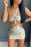 Blue Sexy Solid Hollowed Out Patchwork Pencil Skirt Dresses