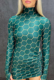 Green Sexy Print Patchwork Backless Fold Turtleneck Pencil Skirt Dresses