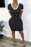 Green Fashion Casual Regular Sleeve Short Sleeve V Neck Short Sleeve Dress Knee Length Patchwork Dresses