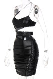 Red Sexy Solid Hollowed Out Patchwork Fold Spaghetti Strap Pencil Skirt Dresses