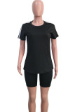 Black Fashion Casual Solid Split Joint O Neck Short Sleeve Two Pieces