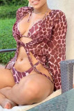 Coffee Fashion Sexy Print Bandage Swimwears Three-piece Set