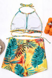 Yellow Fashion Sexy Print Backless Strap Design Swimwears