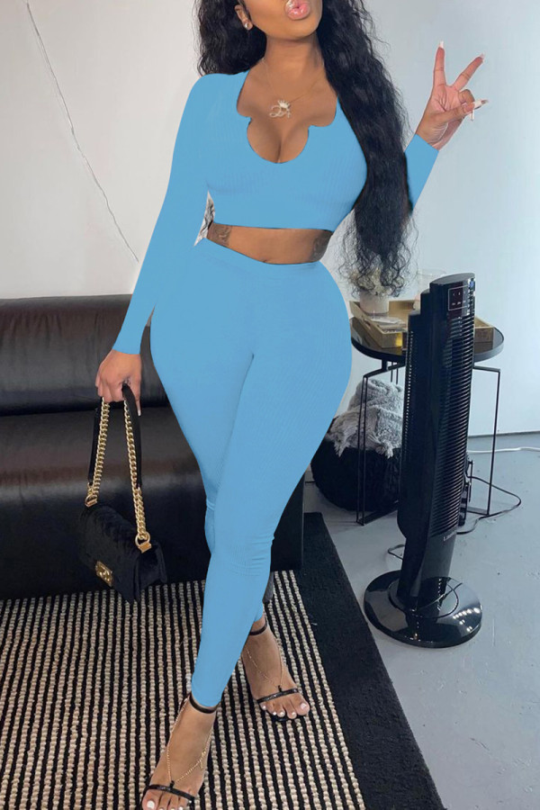 Sky Blue Fashion Casual Solid Basic O Neck Long Sleeve Two Pieces