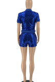 Pink Casual Solid Sequins Patchwork Zipper Short Sleeve Two Pieces