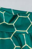 Green Sexy Print Patchwork Backless Fold Turtleneck Pencil Skirt Dresses