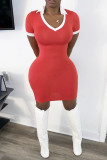 Green Fashion Casual Regular Sleeve Short Sleeve V Neck Short Sleeve Dress Knee Length Patchwork Dresses