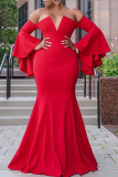 Red Sexy Solid Patchwork Strapless Trumpet Mermaid Dresses