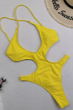 Yellow Sexy Print Hollowed Out Backless Strap Design Spaghetti Strap Plus Size Swimwear