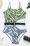Turquoise Fashion Sexy Print Hollowed Out Patchwork Backless Swimwears