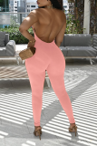 Color Blue Sexy Solid Backless Halter Skinny Jumpsuits