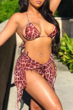 Coffee Fashion Sexy Print Bandage Swimwears Three-piece Set
