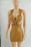 Black Sexy Solid Bandage Patchwork Asymmetrical V Neck Pencil Skirt Dresses