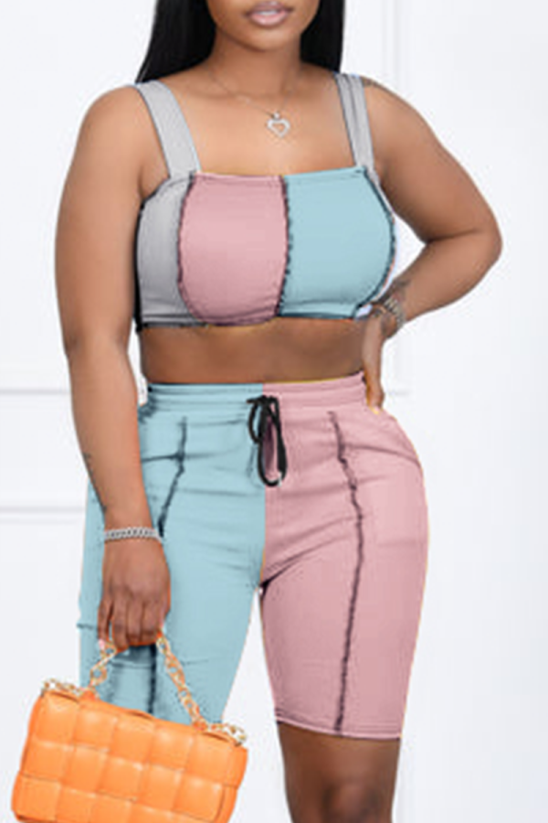 Pink Sexy Solid Patchwork Square Collar Sleeveless Two Pieces
