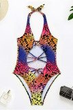 Leopard Print Fashion Sexy Print Hollowed Out Backless Swimwears