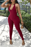Color Blue Sexy Solid Backless Halter Skinny Jumpsuits