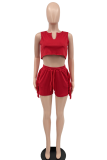 Red Sexy Solid Patchwork V Neck Sleeveless Two Pieces