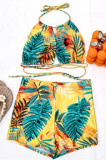 Yellow Fashion Sexy Print Backless Strap Design Swimwears