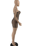 Red Sexy Solid Patchwork See-through Hot Drill Strapless One Step Skirt Dresses