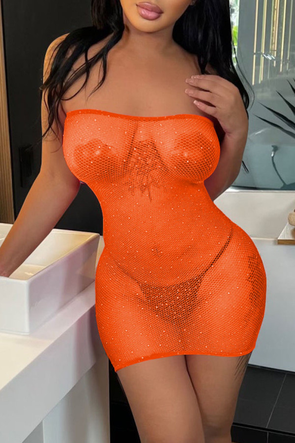 Tangerine Red Sexy Solid Patchwork See-through Hot Drill Strapless One Step Skirt Dresses